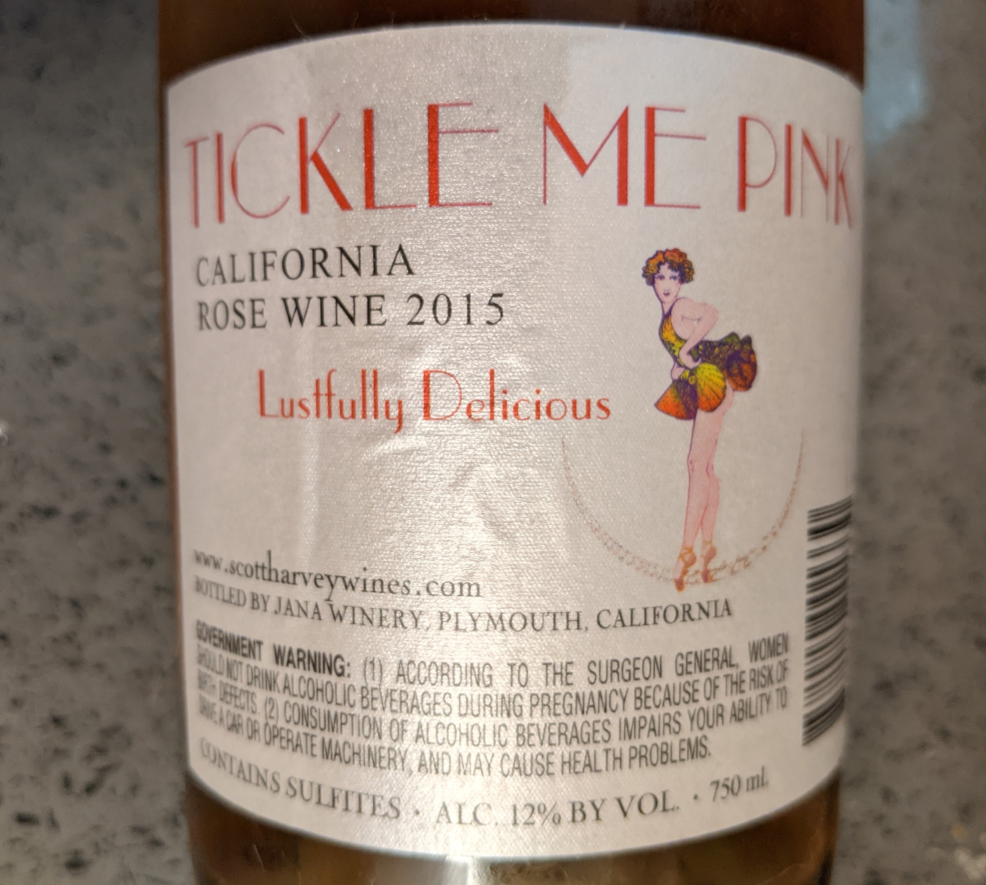 Back Side of 2015 Jana Winery Tickle Me Pink Bottle
